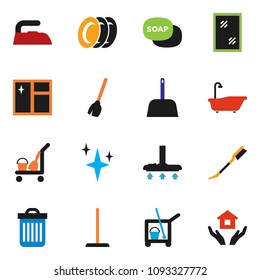 solid vector icon set - soap vector, cleaner trolley, broom, vacuum, mop, scoop, trash bin, car fetlock, shining, window cleaning, iron, bath, plates, house hold