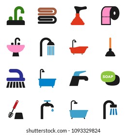 solid vector icon set - soap vector, plunger, water tap, fetlock, towel, bath, toilet brush, paper, shower, sink, supply