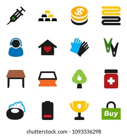 solid vector icon set - soap vector, clothespin, sponge, rubber glove, towel, award cup, gold ingot, battery, syringe, pills bottle, fruit tree, table, love home, dollar coin, support, buy