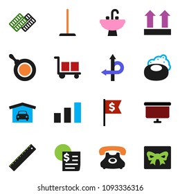 solid vector icon set - soap vector, mop, sink, pan, ruler, presentation board, dollar flag, route, phone, receipt, cargo, top sign, sorting, pills blister, garage, gift