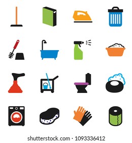 solid vector icon set - soap vector, plunger, cleaner trolley, mop, sponge, trash bin, iron, bath, toilet, brush, washer, foam basin, washing powder, sprayer, rubber glove, paper