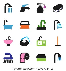 solid vector icon set - soap vector, water tap, fetlock, mop, sponge, liquid, toilet paper, shower, sink, bath