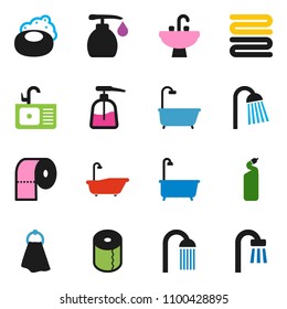 solid vector icon set - soap vector, towel, bath, liquid, cleaning agent, toilet paper, shower, sink