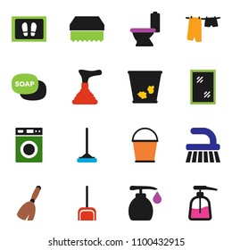 solid vector icon set - soap vector, plunger, broom, fetlock, mop, scoop, bucket, sponge, trash bin, window cleaning, welcome mat, toilet, drying clothes, washer, liquid