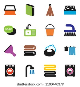 solid vector icon set - soap vector, scraper, fetlock, bucket, sponge, towel, drying clothes, washer, washing powder, sink, bath