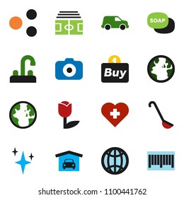 solid vector icon set - soap vector, shining, water tap, ladle, world, stadium, heart cross, earth, car, tulip, camera, share, globe, garage, buy, barcode