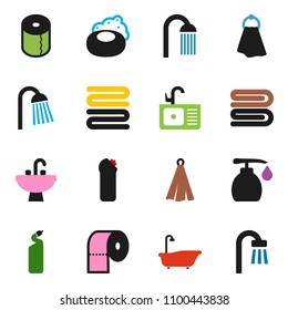 solid vector icon set - soap vector, towel, bath, liquid, cleaning agent, toilet paper, shower, sink