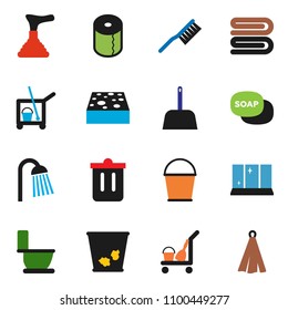 solid vector icon set - soap vector, plunger, cleaner trolley, fetlock, scoop, bucket, sponge, towel, trash bin, toilet, shining window, paper, shower
