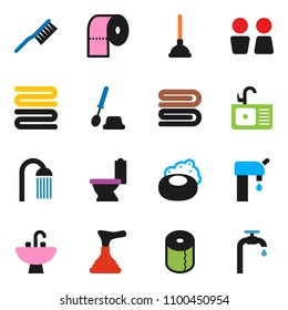 solid vector icon set - soap vector, plunger, fetlock, towel, toilet, brush, paper, shower, water closet, sink, supply