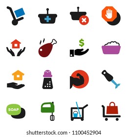 solid vector icon set - soap vector, cleaner trolley, foam basin, house hold, hand mill, mixer, blender, chicken leg, investment, muscule, stop, basket