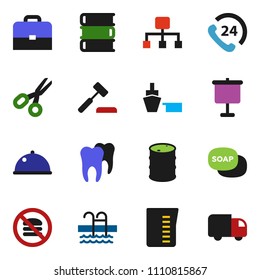 solid vector icon set - soap vector, measuring cup, dish, book, case, scissors, presentation, pool, no fast food, phone 24, port, oil barrel, tooth, hierarchy, auction, delivery