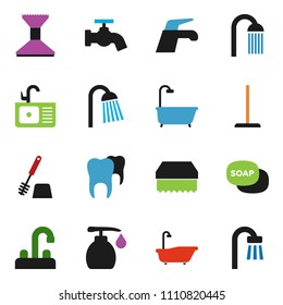 solid vector icon set - soap vector, water tap, mop, sponge, car fetlock, bath, toilet brush, liquid, shower, sink, tooth