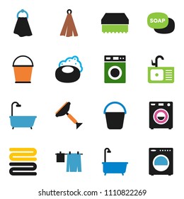 solid vector icon set - soap vector, scraper, bucket, sponge, towel, bath, drying clothes, washer, sink
