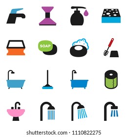 solid vector icon set - soap vector, water tap, mop, sponge, car fetlock, bath, toilet brush, liquid, paper, shower, sink