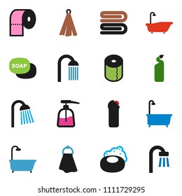 solid vector icon set - soap vector, towel, bath, liquid, cleaning agent, toilet paper, shower
