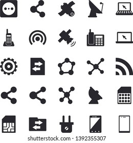 Solid vector icon set - socket flat vector, plug, satellite antenna, SIM card, cogwheel, molecules, telephone, laptop, molecule, satellit, share, broadcast, file sharing, mobile