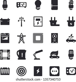 Solid vector icon set - sockets flat vector, energy saving lamp, switch box, electric kettle, stove, induction cooker, fridge, accumulator, plug socket, power line support, eco cars, motherboard