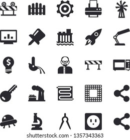Solid vector icon set - sockets flat vector, warm floor, barrier, microwave, windmill, fence, factory, hydroelectric power station, cogwheel, dividers, metallurgy, molecules, idea, drawing pin, cpu