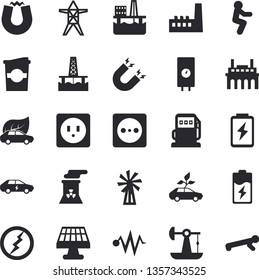 Solid vector icon set - sockets flat vector, boiler, coffe, windmill, oil production platform, battery, solar, pumping, refueling, socket, power line support, manufactory, plant, eco cars, electric