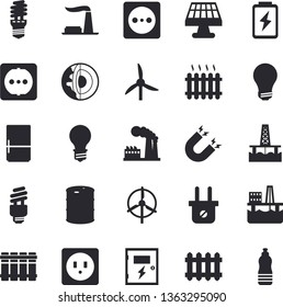 Solid vector icon set - sockets flat vector, switch box, heating batteries, fridge, oil production platform, battery, solar, windmill, factory, tanks, lamp, socket, plug, energy saving, radiator