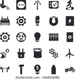 Solid vector icon set - sockets flat vector, switch box, heating batteries, hammer, solar battery, windmill, oil tanks, plug socket, power line support, plant, cogwheel, radiation, metallurgy, idea