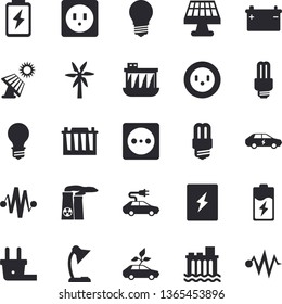 Solid vector icon set - sockets flat vector, energy saving lamp, switch box, windmill, battery, solar, accumulator, socket, plug, hydroelectric power station, eco cars, electric, reading, fector