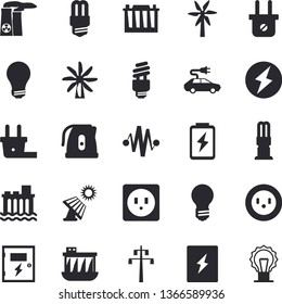 Solid vector icon set - sockets flat vector, energy saving lamp, switch box, electric kettle, windmill, battery, solar, accumulator, socket, plug, power line support, hydroelectric station, cars