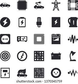 Solid vector icon set - sockets flat vector, switch box, electric kettle, stove, induction cooker, battery, accumulator, socket, power line support, eco cars, motherboard, reading lamp, cpu