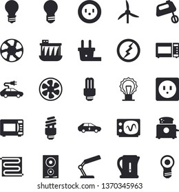 Solid Vector Icon Set - Sockets Flat Vector, Warm Floor, Electric Kettle, Induction Cooker, Microwave, Toaster, Mixer, Ventilation, Windmill, Lamp, Socket, Plug, Hydroelectric Power Station, Cars