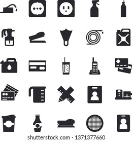 Solid vector icon set - sockets flat vector, measure, meashuring cup, food processor, sieve, soda, coffe, mustard, ketchup, pulverizer, hose, canister, credit card, telephone, stapler, flippers