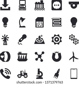 Solid vector icon set - sockets flat vector, warm floor, windmill, tractor, lamp, hydroelectric power station, cogwheel, SIM card, phone call, molecules, reading, microscope, rocket, bulb, computer