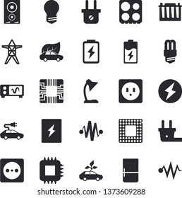 Solid vector icon set - sockets flat vector, energy saving lamp, switch box, electric stove, induction cooker, fridge, battery, accumulator, socket, plug, power line support, eco cars, motherboard