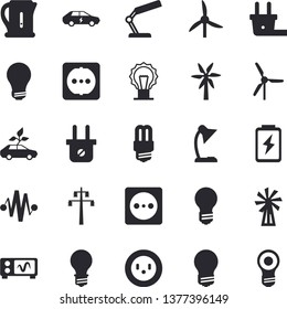 Solid vector icon set - sockets flat vector, energy saving lamp, electric kettle, windmill, battery, socket, plug, power line support, eco cars, reading, bulb, oscilloscope, discharge fector
