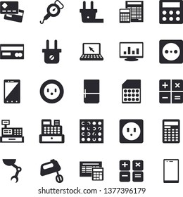 Solid vector icon set - sockets flat vector, calculator, spring balance, mixer, fridge, socket, plug, SIM card, credit, cash machine, computer chart, laptop, robot hand, electronic circuit, mobile
