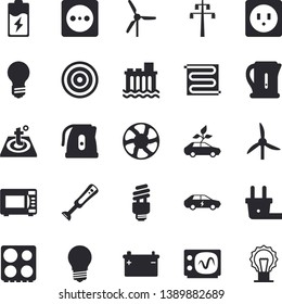 Solid vector icon set - sockets flat vector, warm floor, electric kettle, stove, induction cooker, microwave, blender, ventilation, battery, windmill, accumulator, lamp, socket, plug, eco cars, bulb
