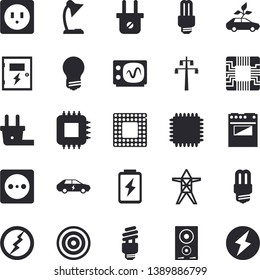 Solid vector icon set - sockets flat vector, energy saving lamp, switch box, electric stove, induction cooker, battery, socket, plug, power line support, eco cars, motherboard, reading, fector, cpu
