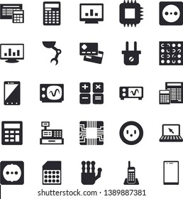 Solid vector icon set - sockets flat vector, calculator, socket, plug, motherboard, SIM card, credit, cash machine, computer chart, telephone, laptop, robot hand, oscilloscope, electronic circuit