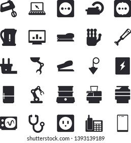 Solid vector icon set - sockets flat vector, switch box, construction plummet, electric kettle, mixer, double boiler, blender, fridge, socket, plug, stethoscope, tomograph, computer chart, telephone