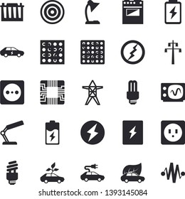 Solid vector icon set - sockets flat vector, switch box, electric stove, induction cooker, battery, accumulator, socket, power line support, eco cars, motherboard, reading lamp, energy saving fector