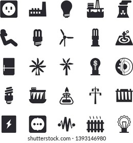 Solid vector icon set - sockets flat vector, energy saving lamp, switch box, warm floor, fridge, windmill, oil production platform, accumulator, power line support, hydroelectric station, radiator