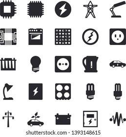 Solid vector icon set - sockets flat vector, energy saving lamp, switch box, electric kettle, stove, accumulator, socket, power line support, eco cars, motherboard, reading, fector, cpu, lightning