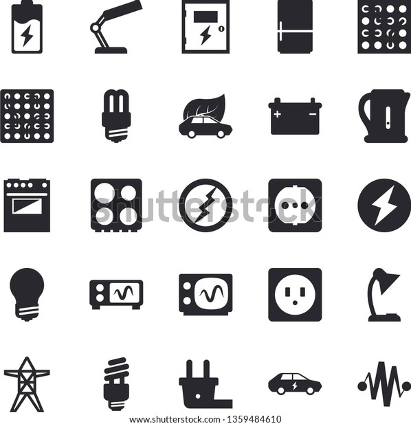 Solid vector icon set - sockets flat vector,\
energy saving lamp, switch box, electric kettle, stove, fridge,\
battery, accumulator, plug socket, power line support, eco cars,\
reading, fector