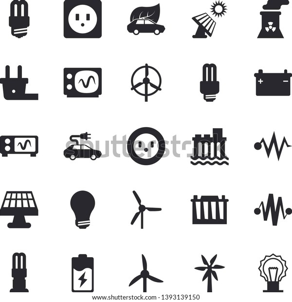 Solid vector icon set - sockets flat vector, energy\
saving lamp, windmill, battery, solar, accumulator, socket, plug,\
hydroelectric power station, eco cars, electric, bulb, fector,\
nuclear plant