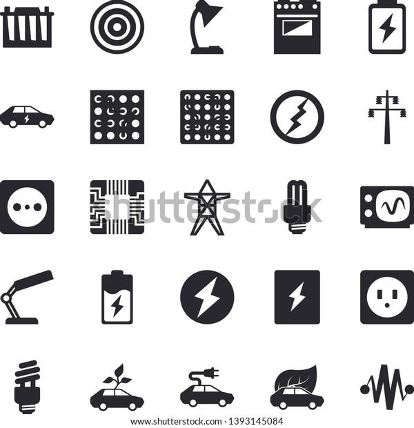 Solid vector icon set - sockets flat vector,\
switch box, electric stove, induction cooker, battery, accumulator,\
socket, power line support, eco cars, motherboard, reading lamp,\
energy saving fector