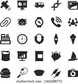 Solid vector icon set - soup flat vector, shashlik, ice cream, phone call, trucking, cash machine, virus, DNA, clip, chart, clock, recruitment, satellit, brainstorm, presentaition board, proteins