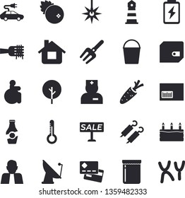 Solid vector icon set - spaghetti on a fork flat vector, cake, shashlik, jam, cranberry, ketchup, thermometer, carrot, tree, pitchfork, bucketful, house, battery, electric cars, satellite antenna