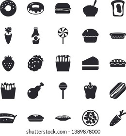 Solid vector icon set - spaghetti flat vector, hamburger, hot dog, pizza, cupcake, piece of cake, donut, porridge, pie, chicken, lollipop, carrot, bell pepper, French fries, Strawberry, blackberry