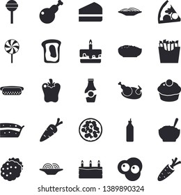 Solid vector icon set - spaghetti flat vector, hot dog, pizza, cupcake, piece of cake, porridge, chicken, lollipop, bell pepper, French fries, scrambled eggs, blackberry, mustard, ketchup, sandwich