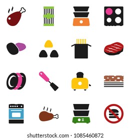 solid vector icon set - spatula vector, toaster, oven, double boiler, plates, cereal, pasta, potato, steak, chicken leg, breads, no fastfood