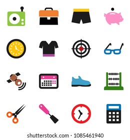 solid vector icon set - spatula vector, glasses, abacus, piggy bank, case, snickers, shorts, t shirt, target, clock, calendar, radio, satellitie, scissors, calculator